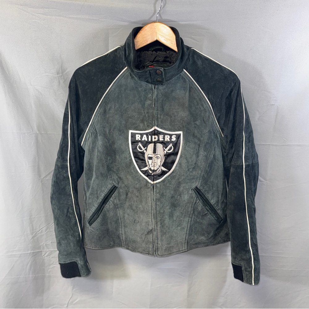 Las Vegas Raiders Jacket Womens Large Black NFL Football Suede Leather Zip Front
